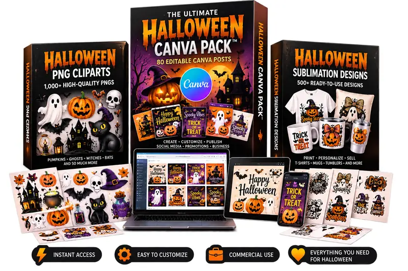 The Ultimate Halloween Canva Pack with Canva posts, PNG cliparts and sublimation designs